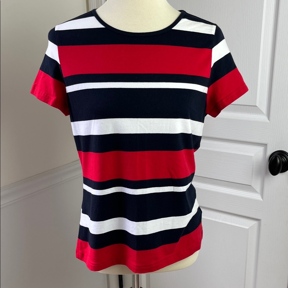 Chaps Red, Black, and White Striped Short Sleeve Top